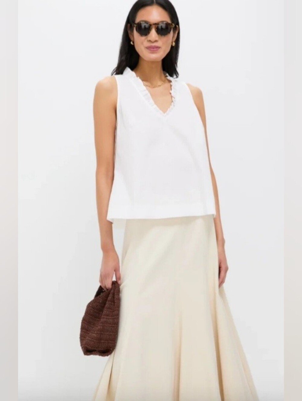 Tuckernuck Pomander Place Veronica White Sleeveless Ruffle V-Neck Blouse Size S